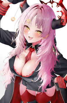 1girl absurdres arm_up armband between_breasts black_coat black_gloves black_skirt blue_archive blush bra bra_peek breasts cleavage coat coin coin_on_string commentary_request gloves grey_shirt hair_intakes halo hazuki_yuzuru highres holding holding_pendulum holed_coin horns hypnotizing_viewer large_breasts long_hair looking_at_viewer miniskirt mole mole_on_breast multicolored_horns necktie necktie_between_breasts open_clothes open_coat open_mouth pelvic_curtain pencil_skirt pendulum pink_hair red_armband red_bra red_garter_straps red_halo red_horns red_necktie red_thighhighs red_wrist_cuffs satsuki_(blue_archive) shirt simple_background skirt smile solo thighhighs thighs underwear white_background wrist_cuffs