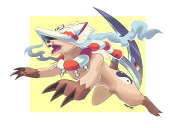 border digimon digimon_(creature) extra_eyes fangs fox_mask full_body hashtag-only_commentary highres mask no_humans notaventura reppamon simple_background solo white_border yellow_background