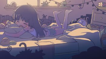 1girl :3 artist_self-insert ass bare_shoulders barefoot bedroom blunt_bangs blush_stickers book bookshelf brown_hair camisole chest_of_drawers clock closed_eyes cup dolphin_shorts dot_nose fang feet_up full_body green_shorts hugging_object indoors long_hair messy_hair on_bed open_mouth orenjipiiru original pillow plant potted_plant shorts sleeping smile solo straight_hair towel umbrella very_long_hair watering_can white_camisole