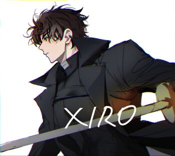 1boy alternate_hair_color black_coat brown_hair coat commentary earrings holding holding_sword holding_weapon hoop_earrings jewelry looking_to_the_side male_focus omniscient_reader&#039;s_viewpoint parted_lips pen_coat popped_collar serious short_hair solo sword symbol-only_commentary upper_body weapon xiro yoo_joonghyuk