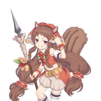 Rule 34 | 1girl, acorn, animal ears, brown hair, holding, holding polearm, holding weapon, long hair, looking at viewer, low-tied long hair, official art, polearm, princess connect!, purple eyes, rin (princess connect!), spear, squirrel girl, tachi-e, transparent background, weapon