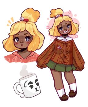 Rule 34 | 1girl, animal crossing, animal ears, blacktober, blonde hair, dog girl, hair ornament, highres, humanization, isabelle (animal crossing), k.k. slider (animal crossing), littlebinkbonk, looking at viewer, nintendo, open mouth, shirt, short hair, smile, solo, topknot