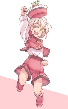 1girl :d arm_up blush brown_eyes brown_hair buttons clenched_hands collared_vest commentary_request frilled_hat frills full_body hat knees long_sleeves lyrica_prismriver open_mouth pink_background raised_fist rangycrow red_hat red_shoes red_shorts shirt shoes shooting_star_hat_ornament short_hair shorts sideways_glance smile solo touhou vest white_shirt