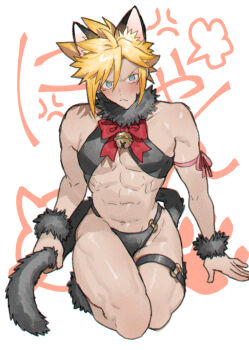 1boy abs angry animal_ears arm_ribbon bell blonde_hair blue_eyes blush cat_ears cat_tail cloud_strife crossdressing crossdressing_(mtf) embarrassed final_fantasy final_fantasy_vii fur_choker fur_wrist_cuffs highres holding_own_tail kemonomimi_mode male_focus navel neck_bell none_(kameko227) red_ribbon ribbon short_hair spiked_hair stomach tail thighs toned toned_male wrist_cuffs