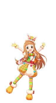 1girl animal_ears bow bowtie brown_eyes brown_hair buttons full_body fur_trim gloves hat ichihara_nina idol_clothes idolmaster idolmaster_cinderella_girls idolmaster_cinderella_girls_starlight_stage microphone mini_hat official_art open_mouth outstretched_arms puffy_shorts shorts solo striped_clothes transparent_background