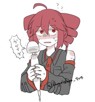 1girl ? ahoge bare_shoulders black_shirt collarbone collared_shirt cropped_torso detached_sleeves drill_hair furrowed_brow gloom_(expression) hato_no_mune_wo_momitai hitachi_magic_wand kasane_teto kasane_teto_(utau) red_eyes red_hair sex_toy shaded_face shirt simple_background solo sound_effects speech_bubble sweatdrop twin_drills twitter_username utau vibrator white_background