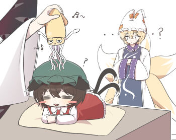 Rule 34 | 3girls, ?, animal ears, blonde hair, blue tabard, blush, brown hair, cat ears, cat girl, cat tail, chen, commentary, confused, dress, fox girl, fox tail, gap (touhou), hat, highres, holding, holding toy, kitsune, kyuubi, long sleeves, looking at another, lying, multiple girls, multiple tails, musical note, on stomach, own hands together, parted lips, red dress, shirt, smile, squid, tabard, tail, touhou, toy, two tails, umyo (uu o3o 8), white background, white dress, white shirt, yakumo ran, yakumo yukari