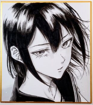 1girl collarbone commentary_request double-parted_bangs greyscale hair_between_eyes long_bangs looking_at_viewer makomako1061 monochrome original parted_lips photo_(medium) portrait sailor_collar school_uniform shikishi short_hair solo traditional_media