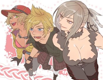 1boy 2girls aranea_highwind bare_shoulders baseball_cap bikini black_boots black_choker black_gloves black_pantyhose black_ribbon black_shirt black_vest blonde_hair blue_eyes blue_shorts blush boots breasts choker cindy_aurum cleavage closed_mouth clothes_around_waist final_fantasy final_fantasy_xv fingerless_gloves from_above gloves goggles goggles_around_neck green_eyes grey_eyes grey_hair grey_thighhighs hair_between_eyes hair_ribbon hat jacket large_breasts long_hair medium_breasts mongu_(kprs_ff) multiple_girls nervous_sweating nose_blush open_mouth pantyhose pink_bikini plaid_clothes plaid_shirt ponytail print_shirt prompto_argentum red_hat ribbon shirt shirt_around_waist short_hair short_shorts shorts sleeveless sleeveless_shirt smile spiked_hair straight_hair sweat swept_bangs swimsuit thighhighs vest wavy_hair wavy_mouth white_boots yellow_jacket