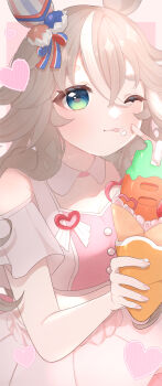 Rule 34 | 1girl, absurdres, animal ears, blue eyes, blush, bow, breasts, clothing cutout, commentary request, crepe, cropped shirt, ear bow, ear covers, food, food on face, grey hair, hair between eyes, heart, highres, holding, holding crepe, holding food, horse ears, horse girl, kurumiya (krmy p), long hair, looking at viewer, meni shuki rush-sshu!, multicolored hair, official alternate costume, one eye closed, pink shirt, pink skirt, shirt, shoulder cutout, single ear cover, skirt, smile, solo, streaked hair, tongue, tongue out, umamusume, wonder acute (umamusume)