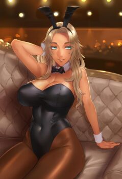 1girl animal_ears aqua_eyes arm_support arm_up bare_shoulders black_leotard blonde_hair blurry blurry_background breasts cleavage closed_mouth commentary_request couch covered_navel damegane dark-skinned_female dark_skin detached_collar fake_animal_ears female_focus highres indoors large_breasts leotard lisp long_hair looking_to_the_side original pantyhose parted_bangs playboy_bunny rabbit_ears shiny_clothes shiny_skin smile solo strapless strapless_leotard tan wrist_cuffs
