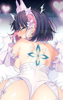 1girl ass azure_striker_gunvolt azure_striker_gunvolt_3 bare_shoulders black_hair blue_eyes blush body_markings breasts dress heart highres implied_sex kirin_(gunvolt) leotard lololotton lying medium_breasts motion_lines multicolored_hair on_bed on_stomach open_mouth paid_reward_available pink_hair rolling_eyes sample_watermark short_hair solo strapless strapless_dress strapless_leotard trembling watermark
