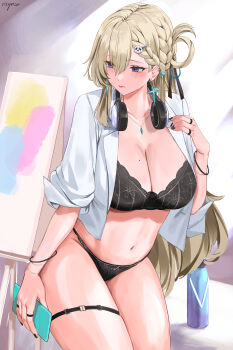 1girl absurdres alternate_breast_size_(larger) black_bra black_nails black_panties blonde_hair bra braid braided_bangs breasts cellphone cleavage collarbone commentary earrings fingernails hair_between_eyes hair_ornament hand_up headphones headphones_around_neck highres holding holding_phone huge_breasts indoors jewelry looking_to_the_side lynae_(wuthering_waves) mole mole_on_breast nail_polish navel necklace no_pants nuo_(fttv3255) open_clothes open_shirt panties phone purple_eyes shirt signature skull_hair_ornament smartphone solo spray_can star_(symbol) star_earrings stomach thighs underwear white_shirt wuthering_waves