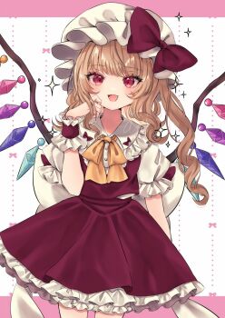 Rule 34 | 1girl, back bow, blonde hair, bow, bowtie, collared shirt, commentary, crystal, crystal wings, flandre scarlet, frilled shirt collar, frilled skirt, frills, hat, hat bow, jaku sono, long hair, looking at viewer, mob cap, multicolored wings, one side up, open mouth, red bow, red eyes, red skirt, red vest, shirt, signature, skirt, skirt set, smile, solo, sparkle, touhou, vest, white bow, white hat, white shirt, wings, yellow bow, yellow bowtie