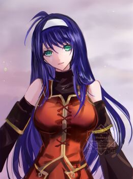 1girl bare_shoulders blue_hair breasts detached_sleeves dress fire_emblem fire_emblem:_path_of_radiance fire_emblem:_radiant_dawn green_eyes hairband headband helen_(helen2210hk) highres large_breasts long_hair looking_at_viewer mia_(fire_emblem) nintendo orange_dress parted_lips purple_hair smile solo upper_body white_hairband white_headband