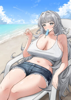 Rule 34 | 1girl, absurdres, azur lane, beach, braid, breasts, cleavage, commission, day, food, grey eyes, grey hair, highres, huge breasts, navel, ocean, outdoors, pixiv commission, pointy breasts, popsicle, pu3xn, sand, shorts, sky, solo, sweat, tank top, thighs, vittorio veneto (azur lane), water, wet, wet clothes