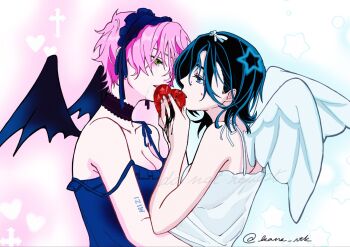 2girls alien_stage angel_wings arm_tattoo black_choker black_dress black_hair black_hairband black_wings blue_eyes bow choker commentary cross demon_wings dress frilled_choker frilled_hairband frills green_eyes hair_bow hairband heart highres himitsu_~kuro_no_chikai~_(vocaloid) holding holding_heart kana_(kana_rtk) medium_hair mizi_(alien_stage) multiple_girls official_alternate_costume parted_lips pink_hair short_hair signature sleeveless sleeveless_dress star_(symbol) sua_(alien_stage) symbol-only_commentary tattoo watermark white_bow white_dress white_wings wings yuri