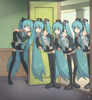 4girls aqua_eyes aqua_hair aqua_necktie artist_logo artist_name black_boots black_skirt black_sleeves boots clenched_hand clenched_hands clone closed_mouth collared_shirt commentary dated derivative_work detached_sleeves digiral doorway english_commentary grey_shirt hair_ornament hand_on_own_hip hatsune_miku headphones indoors leaning_forward leaning_to_the_side logo long_hair long_sleeves looking_to_the_side miniskirt multiple_girls necktie number_tattoo one_eye_closed open_door parody pleated_skirt pointing redrawn scene_reference shirt skirt sleeveless sleeveless_shirt standing tattoo thigh_boots thighhighs tom_and_jerry twintails twitter_username v-shaped_eyebrows very_long_hair vocaloid watermark wavy_mouth wide_sleeves zettai_ryouiki