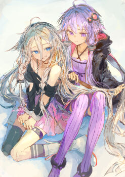 2girls absurdres black_jacket black_shirt blonde_hair blue_eyes boots braid brushing_another&#039;s_hair brushing_hair hair_between_eyes hair_ornament highres ia_(vocaloid) ichika_(ichika87) jacket long_hair long_hair_between_eyes miniskirt multiple_girls off_shoulder pleated_skirt purple_eyes purple_hair purple_thighhighs ribbed_thighhighs shirt side_braid sidelocks single_thighhigh sitting skirt thighhighs very_long_hair vocaloid voiceroid white_boots yuzuki_yukari