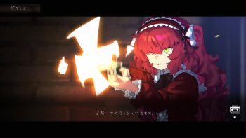 Rule 34 | 1girl, absurdres, dress, firing, fluffy hair, frilled dress, frills, green eyes, gun, hairband, handgun, hans.b, highres, holding, holding gun, holding weapon, letterboxed, lolita fashion, lolita hairband, long hair, muzzle flash, night, original, red dress, red hair, translation request, weapon