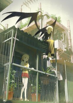 Rule 34 | 1girl, 1other, absurdres, against railing, androgynous, balcony, blonde hair, building, commentary request, crona (soul eater), dress, green eyes, hair between eyes, highres, looking ahead, looking at another, maka albarn, on roof, open mouth, pink hair, piyo main, plaid clothes, plaid skirt, plant, purple hair, railing, scenery, short hair, sitting on roof, skirt, soul eater, twintails, wings