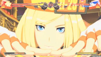 3d animated animated_gif arc_system_works blonde_hair blue_eyes bouncing_breasts breasts fire guilty_gear guilty_gear_xrd lowres millia_rage