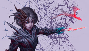 Rule 34 | 1girl, absurdres, aura, blue eyes, brown horns, demon girl, dragon, glowing, grey hair, highres, horns, kong ling hai, light particles, multicolored hair, organic, original, parted lips, pink lips, slit pupils, streaked hair, upper body, weapon, white hair