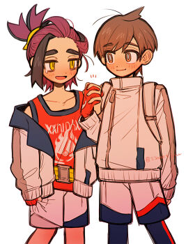 Rule 34 | 2boys, absurdres, black hair, blush, brown eyes, brown hair, closed mouth, commentary, commentary request, cowlick, florian (pokemon), gloves, gripping clothes, hairband, highres, jacket, kieran (pokemon), loose hair strand, male focus, mole, mole on neck, multicolored hair, multiple boys, nintendo, open mouth, partial commentary, partially fingerless gloves, pokemon, pokemon sv, purple hair, red gloves, red tank top, shorts, single glove, tank top, tisanntisyou, turtleneck, turtleneck jacket, two-tone hair, white background, white jacket, white shorts, yellow eyes, yellow hairband, zipper pull tab