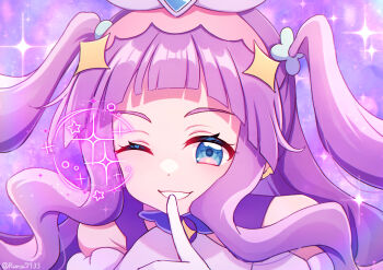 Rule 34 | 1girl, brooch, clothing cutout, commentary, cure majesty, dress, earclip, ellee-chan, finger to mouth, gloves, hair ornament, highres, hirogaru sky! precure, jewelry, long hair, looking at viewer, magical girl, one eye closed, open mouth, precure, purple background, purple dress, purple hair, purple theme, runa (runa7733), shoulder cutout, smile, solo, sparkle, two side up, white gloves, wing brooch, wing hair ornament