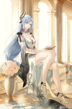 1girl absurdres alternate_costume ankle_ribbon arch bare_legs bare_shoulders black_ribbon black_sleeves blue_eyes book braid breasts chinese_commentary chinese_knot cleavage clothing_cutout dated dress earrings feather_hair_ornament feathers flower full_body genshin_impact gold_collar gradient_sleeves hair_ornament high_heels highres holding holding_book jewelry leg_ribbon long_dress long_hair looking_at_viewer low-braided_long_hair low-tied_long_hair musical_staff open_book parted_lips pillar pink_flower pink_rose ribbon rose see-through_clothes see-through_sleeves shenhe_(genshin_impact) shoes shoulder_cutout side_slit sideways_glance sitting solo sunlight swept_bangs tassel tassel_earrings three-quarter_sleeves train_(clothing) vase very_long_hair watermark weibo_watermark white_dress white_hair white_shoes wide_sleeves xiao_xiao_zuowen