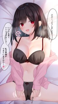 1girl :d armpit_crease black_bra black_hair black_panties bow bra breasts cleavage groin_tendon heart highres large_breasts long_hair looking_at_viewer lying navel on_back open_mouth original panties pussy_juice_stain ramchi red_eyes smile speech_bubble spread_legs stomach sweat thighs underwear yandere-chan_(ramchi)