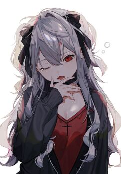 Rule 34 | 1girl, ;o, backlighting, black choker, black jacket, black ribbon, breasts, choker, cleavage, cross, cross print, fangs, fingernails, genderswap, genderswap (mtf), hair between eyes, hair ribbon, jacket, kuzuha (nijisanji), large breasts, long fingernails, long hair, long sleeves, mizakura 01, mole, mole under eye, nijisanji, one eye closed, open mouth, partially unzipped, red eyes, red shirt, ribbon, sanya (2nd costume) (kuzuha), sanya (kuzuha), shirt, sidelocks, simple background, solo, squeans, tearing up, track jacket, two side up, upper body, v-neck, virtual youtuber, wavy hair, white background, white hair, yawning