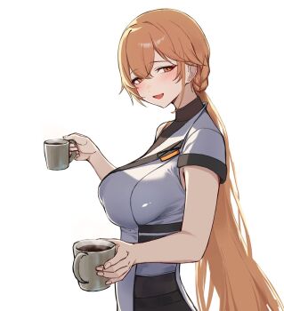 1girl 3_small_spiders blonde_hair blush breasts commentary_request cup elmo_dormitory_outfit girls'_frontline girls'_frontline_2:_exilium groza_(girls'_frontline_2) highres holding holding_cup long_hair looking_at_viewer open_mouth orange_eyes orange_hair ots-14_(girls'_frontline) simple_background smile solo white_background