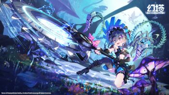 Rule 34 | 1girl, :d, black boots, black dress, black gloves, black thighhighs, blue nails, boots, breasts, character request, commentary request, copyright name, day, dress, fingerless gloves, floating hair, gloves, grey hair, hair between eyes, hayakawa harui, heart, heart-shaped pupils, high heel boots, high heels, highres, holding, holding weapon, long hair, multicolored nails, nail polish, official art, on one knee, open mouth, outdoors, purple eyes, purple nails, single thighhigh, small breasts, smile, solo, symbol-shaped pupils, thighhighs, thighhighs under boots, tower of fantasy, underwater, very long hair, water, weapon, weapon request