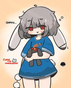 Rule 34 | 1girl, animal ears, black-framed eyewear, blush, brown background, commentary request, cowboy shot, ears down, glasses, gradient background, grey hair, highres, hugging object, looking at viewer, original, parted lips, rabbit ears, rabbit girl, rabbit tail, red eyes, ringed eyes, romaji text, sea urchin, short eyebrows, solo, stuffed animal, stuffed toy, tail, thick eyebrows, translation request, uni souchou, unworn eyewear, vorpal bunny, white background