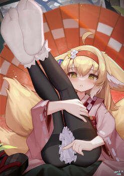 1girl ahoge animal_ears apron arknights blonde_hair blush ears_down feet female_focus fox_ears fox_girl fox_tail full_body geta green_eyes hairband highres japanese_clothes kalun_(fwme3378) kimono kneepits large_variant_set legs legs_up loli long_hair long_sleeves looking_at_viewer no_shoes official_alternate_costume oil-paper_umbrella open_mouth pink_kimono red_hairband shoes signature sitting socks soles solo suzuran_(arknights) suzuran_(yukibare)_(arknights) tabi tail toes umbrella unworn_shoes variant_set waist_apron white_apron white_socks wide_sleeves