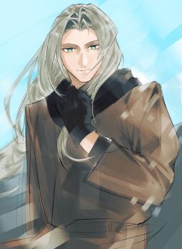 Rule 34 | 1boy, alternate costume, black gloves, black hoodie, brown coat, casual, closed mouth, coat, final fantasy, final fantasy vii, floating hair, gloves, green eyes, grey hair, hand up, highres, hood, hood down, hoodie, long hair, long sleeves, looking at viewer, male focus, minaminooyama, parted bangs, sephiroth, solo, upper body