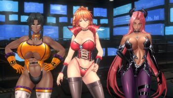 3girls abs abs_cutout action_taimanin alternate_costume breasts cara_the_blood_lord cleavage clothing_cutout curvy dark-skinned_female dark_skin game_screenshot huge_breasts ingrid_(taimanin_asagi) kamimura_azuma large_breasts long_hair looking_at_viewer mirabell_bell multiple_girls muscular muscular_arms muscular_female muscular_legs navel official_alternate_costume ponytail shiny_skin taimanin_(series) thick_thighs thighs thong underboob underboob_cutout very_dark_skin wide_hips