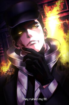 Rule 34 | 1boy, artist name, baseball cap, black gloves, black hair, black hat, black suit, blood, blood on cheek, blood on clothes, blood on face, blood on neck, burning, daniel dy3r, diplomat skibidi mutant, english text, exit sign, fire, formal clothes, gloves, glowing, glowing eyes, hand on own chin, hat, highres, looking at viewer, necktie, shirt, short hair, skibidi toilet (series), suit, toilet seat, white shirt, yellow eyes