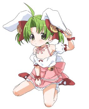 1girl :&lt; ahoge animal_ears annoyed back_bow bare_shoulders bell bobby_socks bow bow_skirt choker clenched_hand closed_mouth commentary_request cosplay dejiko detached_sleeves di_gi_charat dress flat_chest fujiwara_tatsuroo full_body green_eyes green_hair hair_bell hair_bow hair_ornament highres holding_ears jingle_bell loli looking_at_viewer no_nipples parted_bangs pink_bow pink_dress pink_ribbon puffy_detached_sleeves puffy_sleeves rabbit_ears rabbit_tail red_bow red_footwear red_ribbon ribbon ribbon_choker shirt short_hair short_twintails sitting skirt sleeveless sleeveless_shirt socks solo tail twintails usada_hikaru usada_hikaru_(cosplay) v-shaped_eyebrows wariza white_shirt white_sleeves white_socks wrist_ribbon