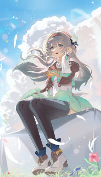1girl absurdres black_hairband black_jacket black_thighhighs cloud cloudy_sky commentary_request dress falling_feathers feathers firefly_(honkai:_star_rail) gradient_eyes gradient_hair green_eyes green_hair grey_hair hair_between_eyes hair_ornament hairband highres honkai:_star_rail honkai_(series) horik_22 jacket light_blush long_hair multicolored_eyes multicolored_hair neckerchief open_mouth orange_neckerchief pink_eyes sky smile solo thighhighs white_dress