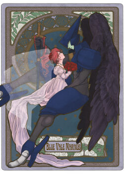 Rule 34 | 1boy, 1girl, absurdres, aged up, alternate form, armor, asagi marin, black wings, bouquet, brigadoon, brown hair, colored skin, dress, elbow gloves, eye contact, flower, gloves, green eyes, highres, holding, holding sword, holding weapon, invisible chair, jewelry, long hair, looking at another, melan blue, necklace, necktie, rikutou (banamiso), sitting, sword, veil, weapon, wedding dress, white dress, white gloves, wings