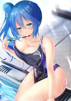 1girl absurdres alyssa_(specktech) black_one-piece_swimsuit blue_eyes blue_hair blush breasts cleavage closed_mouth collarbone commentary commentary_request competition_swimsuit covered_navel eiyuuouzil english_commentary from_above hair_between_eyes highres large_breasts long_hair looking_at_viewer one-piece_swimsuit original poolside second-party_source side_ponytail sitting smile soaking_feet solo swimsuit thick_thighs thighs water wet