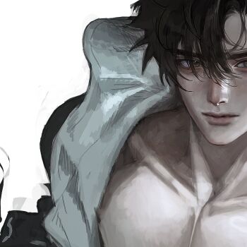1boy aegyo_sal black_eyes black_hair close-up coat_partially_removed collarbone curtained_hair expressionless highres male_focus meltoring original out_of_frame pectorals short_hair solo upper_body