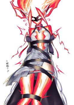 1girl bdsm bondage bound breasts clothing_cutout colored_skin commentary_request dress duel_monster electricity energy energy_girl energy_hair enmo_takeshita eye_mask highres lightning_hair mask red_skin see-through_clothes small_breasts spright_elf stomach_cutout thighs white_background white_dress yu-gi-oh!