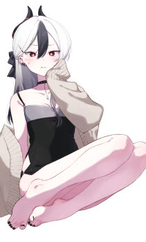 1girl absurdres bare_legs bare_shoulders barefoot black_choker black_dress black_hair black_horns black_nails black_ribbon blue_archive blush breasts bright_pupils cardigan choker closed_mouth coat_partially_removed commentary_request demon_girl demon_horns diamond_necklace double-parted_bangs dress ear_piercing feet full_body gradient_hair grey_hair grey_halo grey_sweater hair_ribbon half_updo halo hand_on_own_chin hand_up highres horns kayoko_(blue_archive) kayoko_(dress)_(blue_archive) kisaka legs legs_together long_hair long_sleeves looking_at_viewer medium_breasts mole mole_on_neck multicolored_hair nail_polish official_alternate_costume official_alternate_hairstyle open_cardigan open_clothes piercing red_eyes ribbon simple_background sitting sleeves_past_fingers sleeves_past_wrists small_breasts solo sweatdrop sweater toenail_polish toenails toes tsurime two-tone_hair v-shaped_eyebrows white_background white_pupils yokozuwari