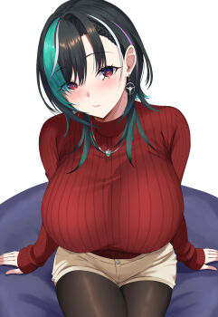 1girl arisugawa_ya black_hair black_pantyhose blush breasts earrings green_hair hololive huge_breasts jewelry lips mole mole_on_neck multicolored_hair necklace pantyhose pantyhose_under_shorts purple_hair red_eyes red_sweater ribbed_sweater rindo_chihaya short_hair short_shorts shorts sitting solo steering_wheel streaked_hair sweater virtual_youtuber white_background white_hair white_shorts wolf_cut