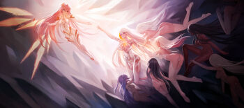 Rule 34 | absurdres, akane (xipuria), bad id, bad pixiv id, black skin, character request, colored skin, copyright request, dark-skinned female, dark skin, feet, highres, kakumi saya (xipuria), long hair, mecha musume, multiple girls, panties, photoshop (medium), pink hair, prufstein (xipuria), purple eyes, reina (xipuria), science fiction, shiro (xipuria), silver hair, sky diver xipuria, thighhighs, underwear, white legwear, white skin, wings, zhuore zhi hen