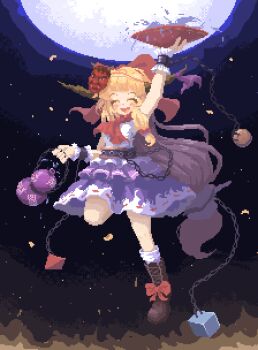 02charaice20 1girl absurdres arm_up blonde_hair blush boots bow brown_boots brown_horns chain chinese_commentary closed_eyes commentary_request cuffs cup facing_viewer footwear_bow full_moon gourd hair_bow highres holding holding_cup holding_gourd horn_ornament horn_ribbon horns ibuki_suika leg_up moon night oni open_mouth pixel_art purple_skirt red_bow ribbon sakazuki shackles shirt skirt sky smile touhou white_shirt