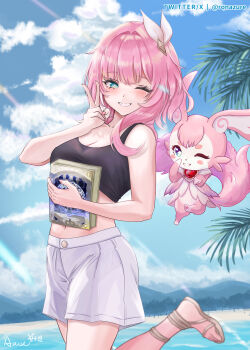 1girl ;) absurdres beach black_tank_top blue_eyes blue_sky book breasts cleavage commentary_request cyrene_(aedes_elysiae)_(honkai:_star_rail) cyrene_(honkai:_star_rail) hair_ornament highres holding holding_book honkai:_star_rail honkai_(series) medium_breasts mem_(honkai:_star_rail) midriff navel one_eye_closed outdoors pink_hair sandals short_hair shorts sky smile tank_top twitter_username v white_shorts xing_mi&#039;en